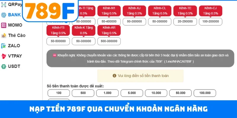 Nạp tiền 789F qua chuyển khoản ngân hàng